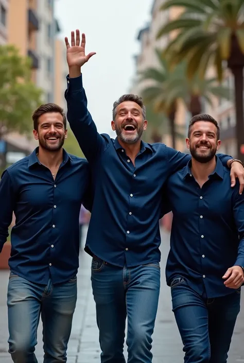 A frontal photo of three men walking together on the street, with a celebratory expression. The man on the right has his hand closed and his arm raised. , while the other two men also show expressions of joy. All the men have fair skin and are wearing dark...