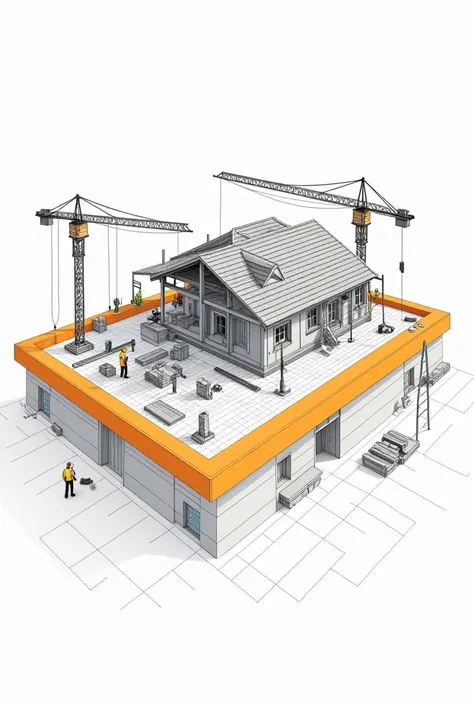 DRAW AN ILLUSTRATION STYLIZED IN A LINEAR DRAWING A VECTOR IN WHICH THE PROCESS OF CONSTRUCTION OF A PRIVATE HOUSE IS DRAWN, THICK ORANGE LINE
