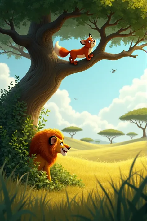 “A playful game of hide and seek in the savanna. The lion is trying to hide behind a large bush, while the fox is seen climbing a tree. The scene is full of laughter and fun.”