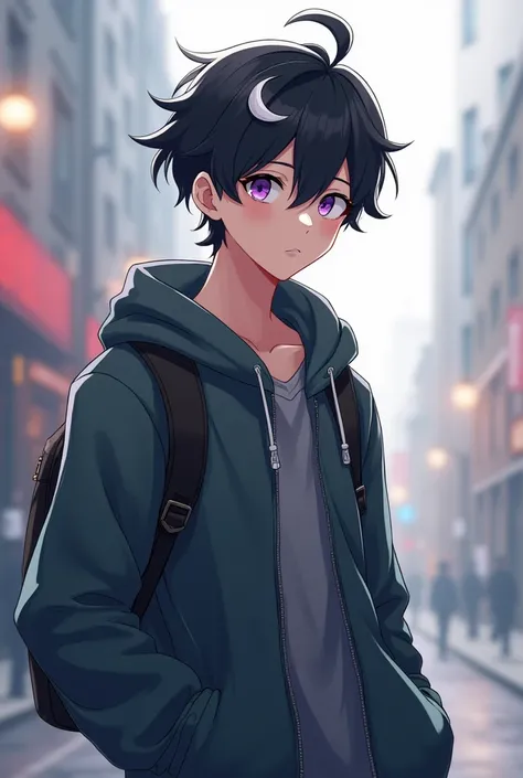 A guy with short black hair and a white curl, full-length, in street clothes, in a jacket, Beautiful, young, Violet eyes, anime style, gentle colors, Guy is shy