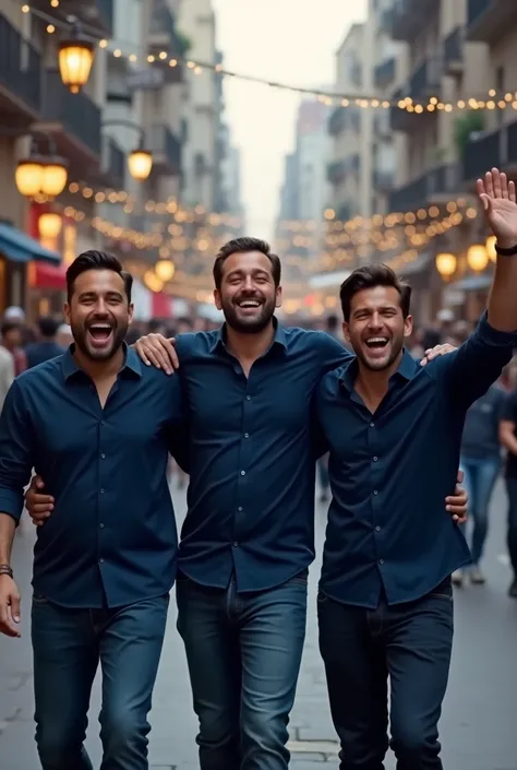 A frontal photo of three men walking together on the street, with a celebratory expression. The man on the right has his hand closed and his arm raised. , while the other two men also show expressions of joy. All the men have fair skin and are wearing dark...