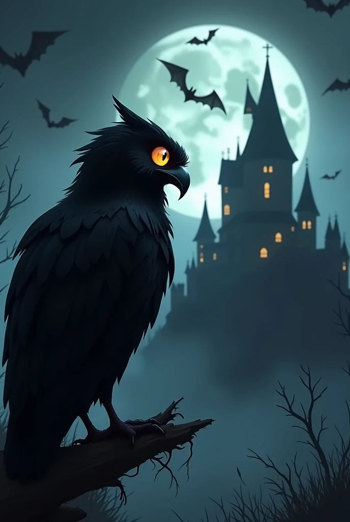 Animated scary black owl Looking to a castle