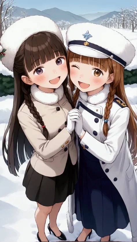 {Best Quality}, {Very beautiful},{Ultra fine},{Best illustration},Brown Hair,Hime cut,Long Hair,Braids,Standing Woman,Woman guarding,Adult women,smile,Excited face,Wink,Uniform cap,White Shirt,Short sleeve,long black skirt,White gloves,Around town,winter祭り...