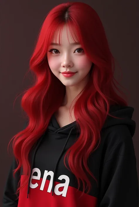 Hyper smooth realistic detail photography of beautifull  chubby asian woman,  knee-long hair, red colored hair, , smiling, in a black and  red hoodie, with writing " ENA "deep color, realistic and ultra HD