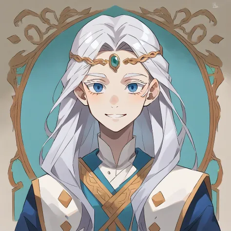 1boy, Solo, Looking at viewer, Albino, White Hair, White Eyelashes, White Eyebrows, Prince, Soft, Slender, Lean, Graceful, Long Hair, Smile, Cute 
- **Hair**: Soft, snow-white hair that flows  past his shoulders. 
Eyes: Pale blue eyes, that shimmer softly....