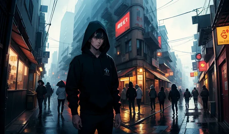 (Top quality)(masterpiece)(Very delicate writing)
(80s anime),Cyberpunk World.Rainy Town,One cool guy,Muscular,
,All-black,Hoodie,model pause,