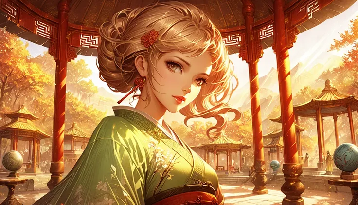 ((full body)), samdoesarts style award winning full body portrait of a beautiful woman, (((perfect feminine face)),((Ancient Chinese Clothes)), ((Shabble Hanfu)), Gazebo, Complex, ( Beautiful Detail Eyes),((hairpins, twisted hair, double ball heads)), (Sun...