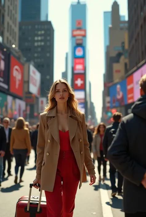 A young, sexy, Caucasian woman who has just arrived in the big city of New York is walking with her suitcase through the crowds.(LIMO)sitting with。