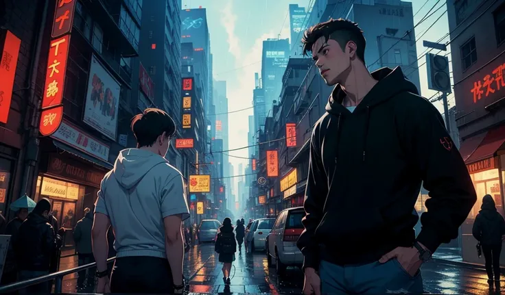 (Top quality),(masterpiece),(Very delicate writing)
(80s anime),Cyberpunk World.Rainy Town,One cool guy,Muscular,
,All-black,Hoodie,model pause,