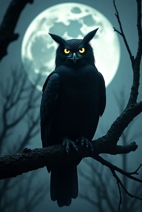 Animated scary big black owl Looking to a moon