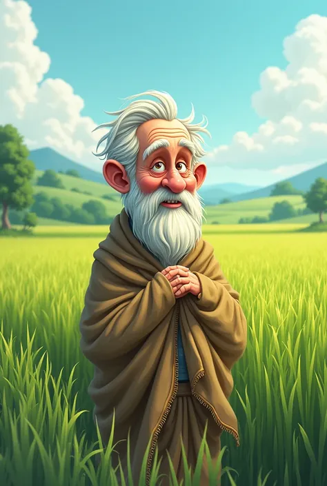 Cartoon image of an old man,wearing a blankon. Standing on the edge of the rice field. Realistic 