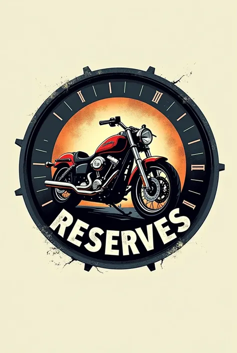 A circular logo with the name"The reserves", with motorcycle theme and a fuel gauge marking empty,