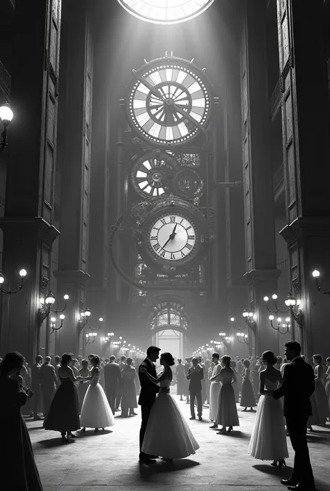 a big old black and white time machine with lots of couples dancing inside it 