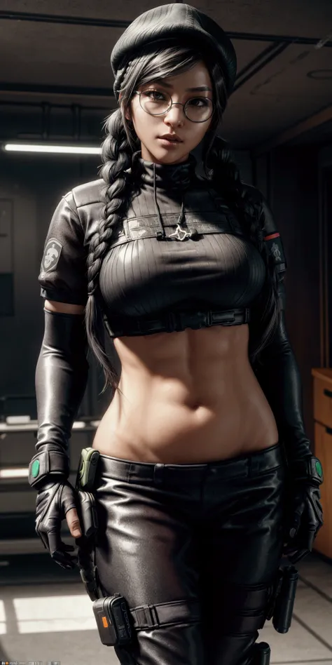 dokkaebi rainbow six siege, hat long hair with braids, sexy pose, thin narrow waist, tactical gloves, headset, glasses, 3size breasts, open belly, sexy fit body