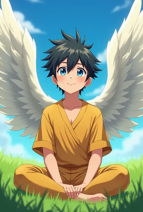 Create an anime character as a young man with fair skin, dark hair, medium-sized, voluminous, spiky hair covering part of his face and a cheerful, playful expression with sky-blue eyes and a mischievous smile. Wearing simple, golden clothes with a large pa...