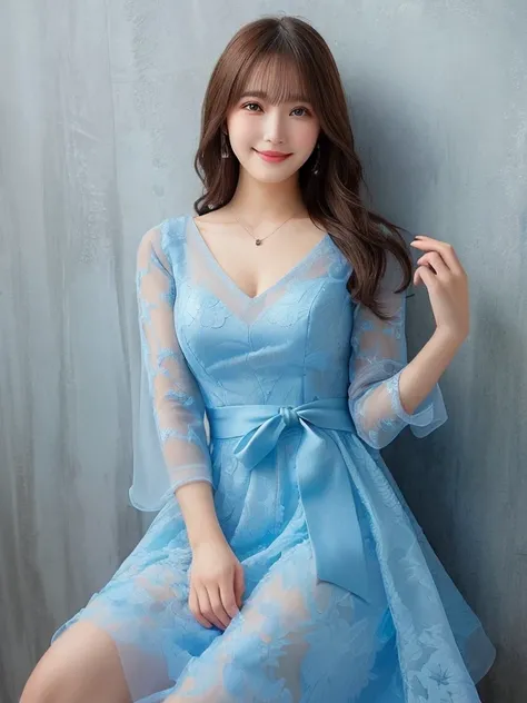 Photo-realistic quality、She wore a light blue see-through dress２０Aged Japanese model sitting on a chair、Romantic and gorgeous see-through dress、Large ribbon on the waist、Looking at the camera、Detailed and beautiful eyes、Cute smile、A soft and gentle look、Na...