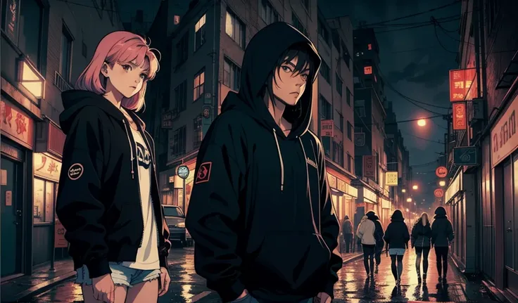 (Top quality)
(masterpiece)
(Very delicate writing)
(80s anime)
Cyberpunk World.Rainy Town,
One cool woman,
Muscular,
All-black,Hoodie,
model pause,