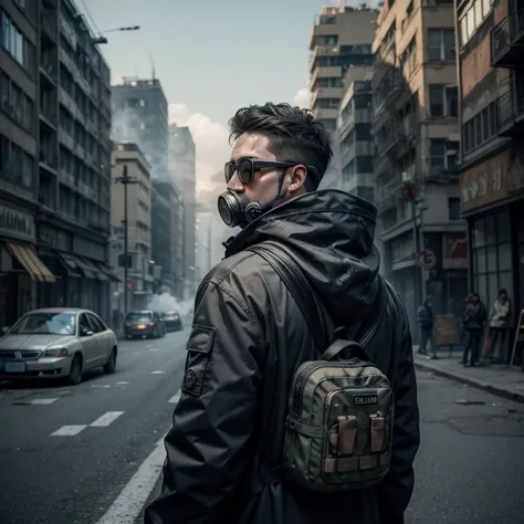 man with gas mask seen from behind, protective sunglasses, anti toxic gas clothing with hood, background with destroyed city, Hyper realistic, Extreme realism, grayscales, destroyed cars in the background, smoke in the air