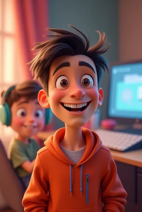 Image of a  boy in a story in a YouTube video in Pixar format, he is a young man, he is a YouTube channel leader, he is outgoing, funny and ready to do a lot of things and the background is a six-year-old YouTuber with headphones on, short hair