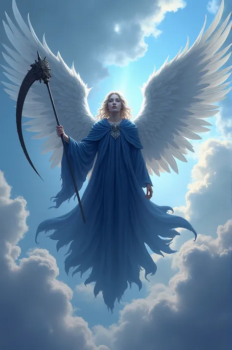 create an angel with four wings wearing a dark blue cloak holding a scythe on its hand while floating in the sky