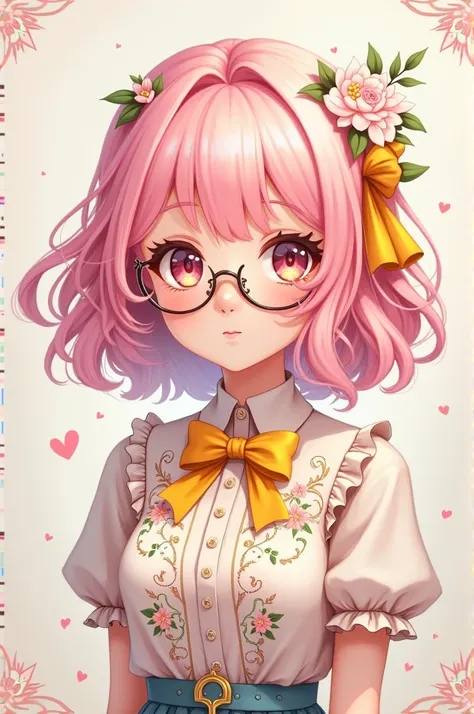 Female anime character with pastel pink hair wearing a cowgirl blouse and glasses with a yellow bow 