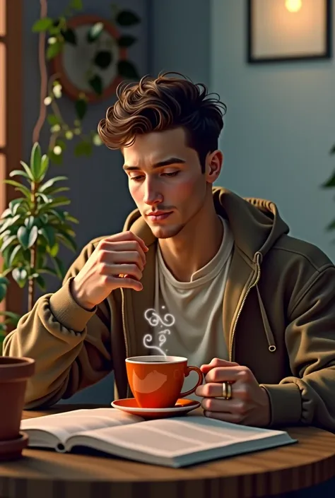 Create a young man sitting and drinking an orange cup of coffee.