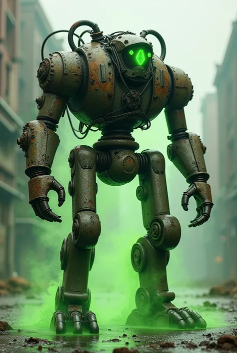 Strong rusty human robot with pipes on its body running on green acid