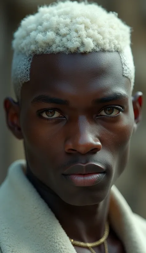 Black man handsome young with white hair, Honey-colored eyes, fantasy 4k, , ultrarealistic, film grain, Hyper detailed photography, Cinematic Lights, Modern Style, Fine features and angelic face