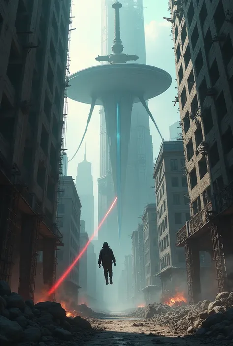 dark night; A destroyed future city, The house is incomplete；A huge sword is stuck on a tall building, A man is falling down from a tall building, There is a large spaceship suspended in the air, Fire lasers； cyberpunk2077;