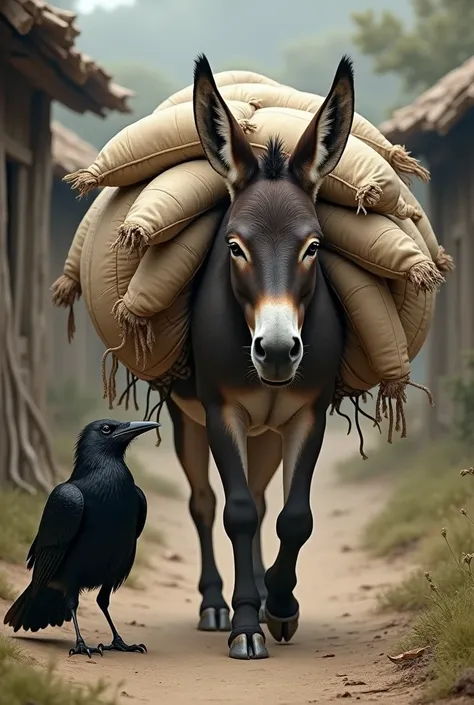 a donkey, carrying sacks, at his side a black crow