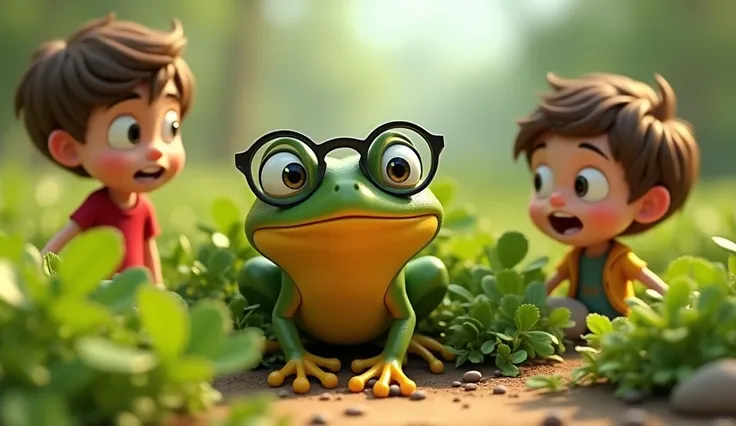  A funny, friendly frog wearing glasses pops out of a bush and startles Tim and Jake.tim and jake look the froq  3d animation cartoon