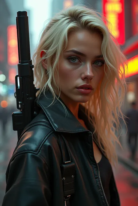 work of art, better qualitative, blonde woman holding a gun, cyberpunk style