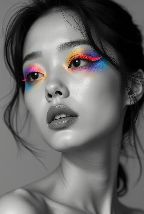 On top of a monochrome photo of a beautiful Japanese woman with opacity 0、Layering colorful liner gradients。.