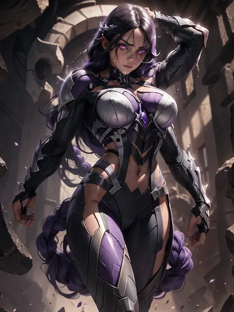 Women, adamantium color blanco, long black hair, toned figure, purple eyes, strong arms