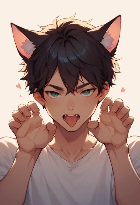 short hair,black hair,male,angled,sharp perspective,sight induction,twisting pose,cat ears,cat pose,tongue licking,