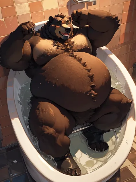 Very Extremely Morbidly-Obese Grizzly Bear with Very very very Extremely Massive Overhang Belly, wears Boots, gets stuck by squeezing through very narrow Bathtub