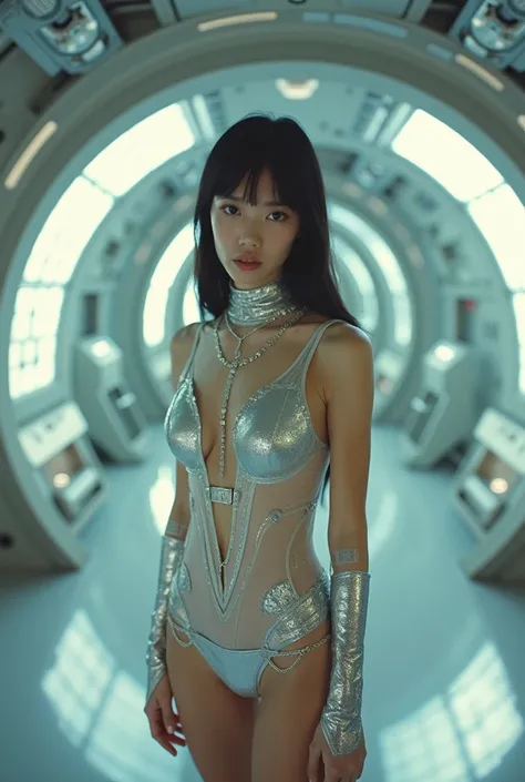 Cute Japanese Idol、Doesn&#39;t look like Korean、There are no Korean characteristics、photograph、Actual item、Cinematic Light、Lomography 、Film Camera、A 20-year-old with a childlike face、Wearing a futuristic sheer silver spaceship leotard、Various silver detail...