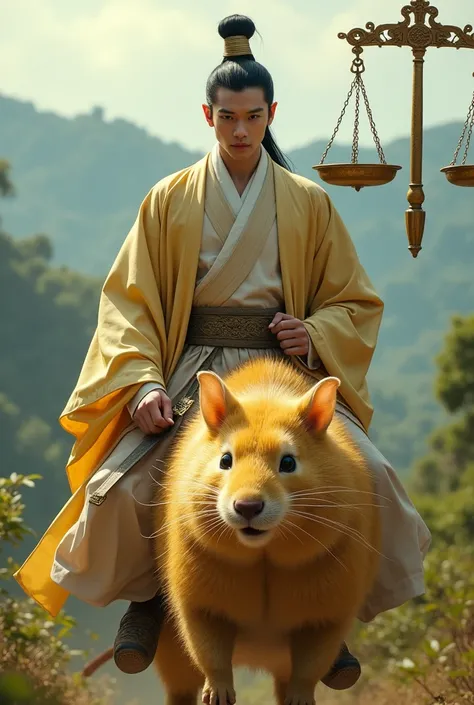 Handsome Korean actor carries a scale and rides a golden rat.