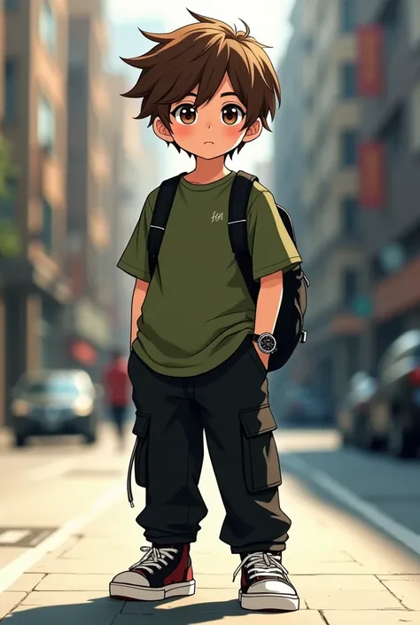 "A young child standing confidently on the street, dressed in trendy fashion. He wears an oversized olive green shirt with black cargo pants, paired with stylish sneakers. A black backpack is slung over his shoulders, and a large wristwatch peeks from unde...