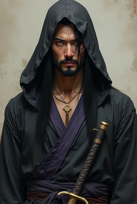 Yunui, 3 man, masculine, Asian descent Japanese, long straight black hair, eyes with yellowish tones, thin, old clothing: old black tunic with purple details. wearing a gold necklace. dark beard, a plain in the background, covered with hood, with a sword a...