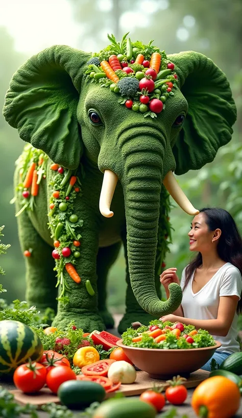 Heres a prompt based on the image you provided:

---

**Prompt:**

Visualize a vibrant and imaginative scene featuring a majestic elephant crafted entirely from an array of fresh vegetables. The elephants body is composed of lush greens, including broccoli...