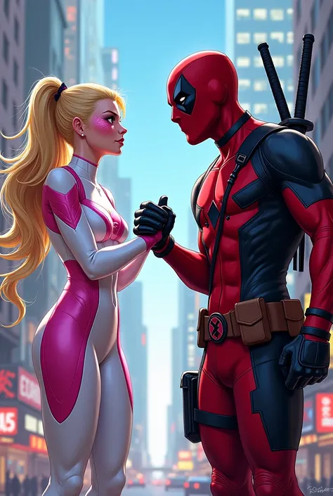 gwen pool shaking hands with deadpool
