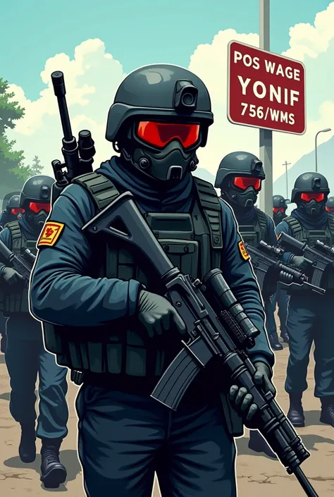 The cartoon logo of the Indonesian army is fierce, with full weapons, wearing black tactical clothing, there are 39 people, in the background there is a road sign that says POS WAGETHE YONIF 756/WMS