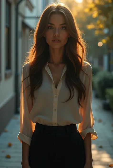 Young woman at 25: 1.3, Long hair: 1.2, Professional skirt: 1.2, Daytime: 1.2, Square: 1.2, cinematic lighting, Surrealism, UHD, ccurate, Super detail, textured skin, High detail, Best quality, 8k