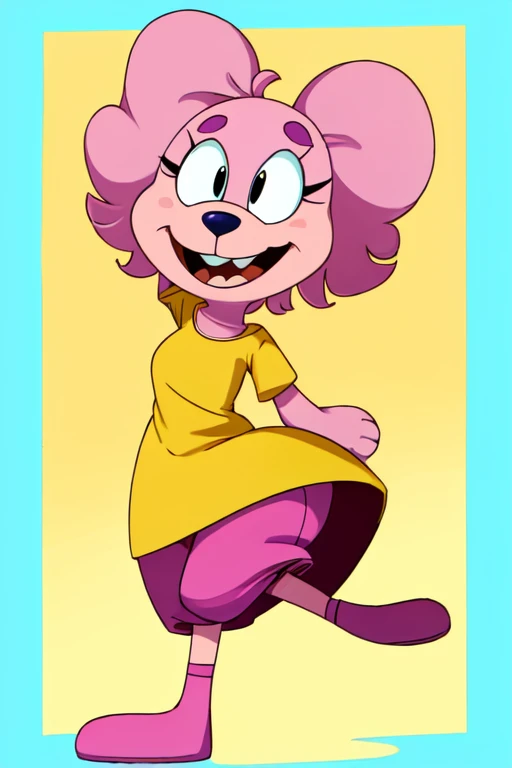 drawing of a cartoon character with a yellow shirt and pink pants, absurdist wiggly blob in a dress, anthropomorphic character, loony toons style, animation character, cartoon character, courage the cowardly dog, anthropomorphic!!, a character based on a h...