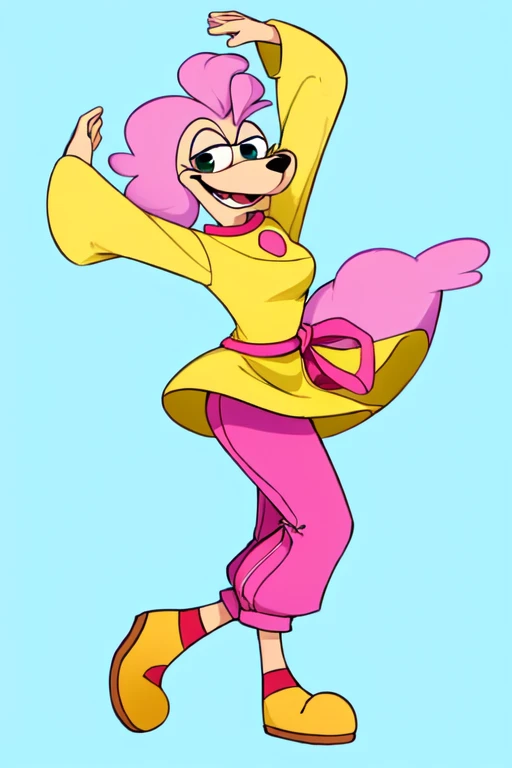 drawing of a cartoon character with a yellow shirt and pink pants, absurdist wiggly blob in a dress, anthropomorphic character, loony toons style, animation character, cartoon character, courage the cowardly dog, anthropomorphic!!, a character based on a h...