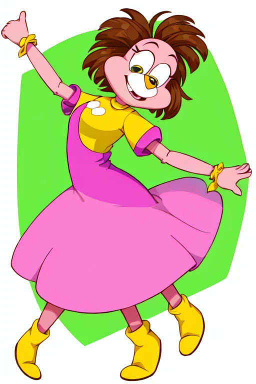 drawing of a cartoon character with a yellow shirt and pink pants, absurdist wiggly blob in a dress, anthropomorphic character, loony toons style, animation character, cartoon character, courage the cowardly dog, anthropomorphic!!, a character based on a h...