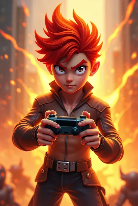 Fire boy with red hair and a controller
