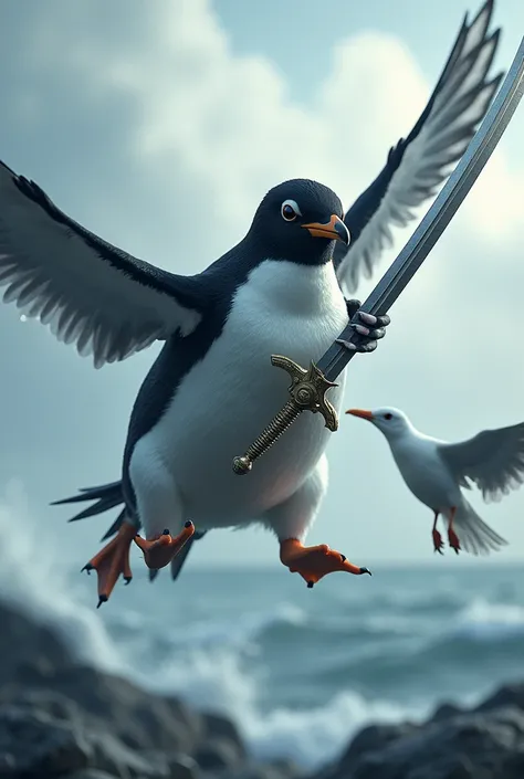 A penguin flies towards a seagull with a sword.