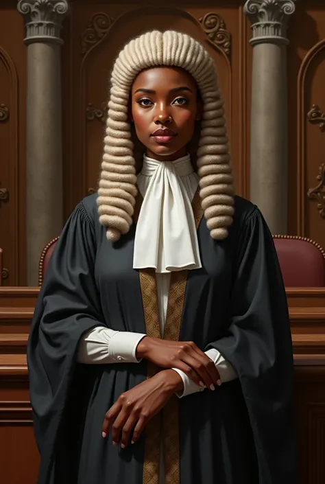 Please drow barrister at court her head with wig and her body with gown please I need African lady no long 